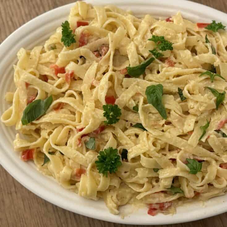 christmas fettuccine in a serving dish