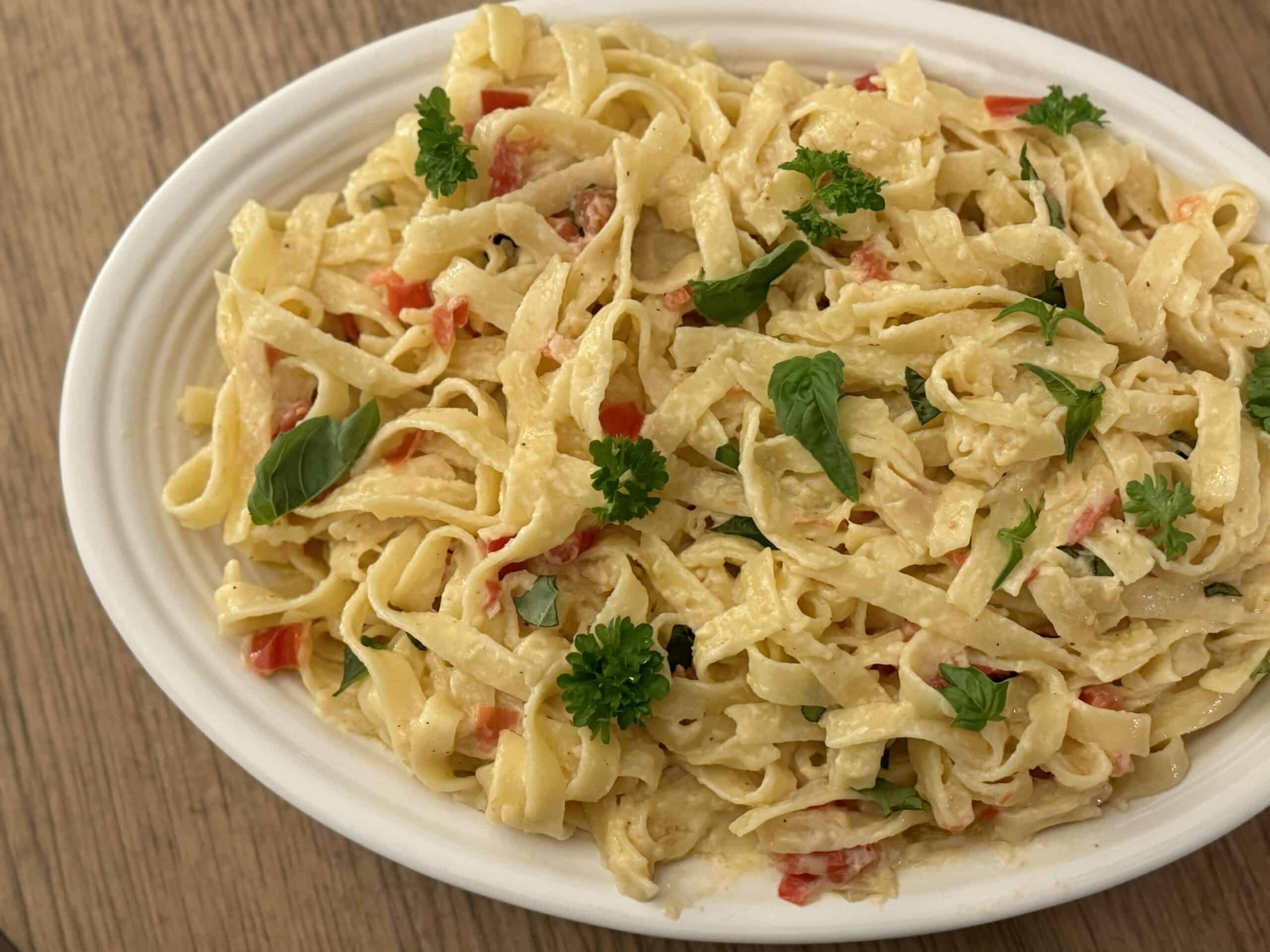 christmas fettuccine in a serving dish